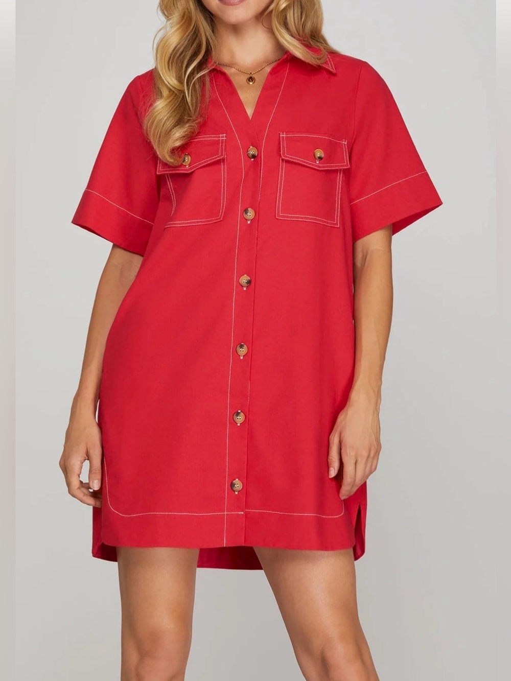 NWT! She + Sky Short Sleeve Button Down Shirt Dress Red Large New